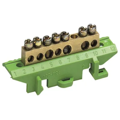 Hager Messingklemme KM07E | PE-Klemme für Hutschiene 35mm | 7 Klemmstellen | 3x16mm² + 4x10mm² | Messing