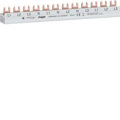 Hager Phasenschiene KDN463AD | 4-polig 3+N | Gabel 10mm² | 63A | 12 Module | 210mm | zuschneidbar | grau