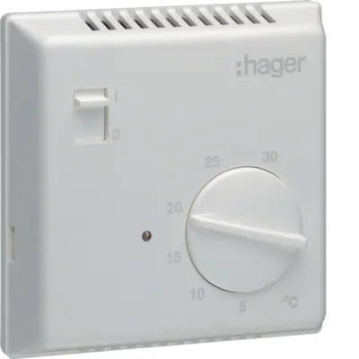 Hager Raumthermostat EK051 | Bimetall | 230V 10A | Schliesser-Kontakt | Ein/Aus-Schalter | Aufputz | weiß