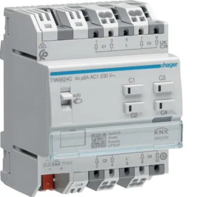 Hager Jalousieaktor TYAS624C | KNX Secure | 4-fach | 230V AC | REG | Handbedienung | 6A | IP20 | LED-Anzeige