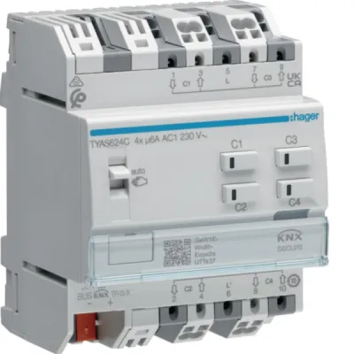 Hager Jalousieaktor TYAS624C | KNX Secure | 4-fach | 230V AC | REG | Handbedienung | 6A | IP20 | LED-Anzeige