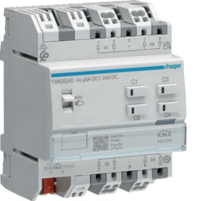 Hager Jalousieaktor TYAS624D KNX Secure | 4-fach REG | 24V DC | Handbedienung | LED-Anzeige | IP20 | 6A | smartgoods.de