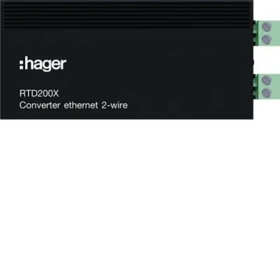 Hager IP Konverter RTD200X | 2-Draht auf CAT-Kabel | Aluminiumgehäuse | 48V DC | schwarz | 48x25x113mm