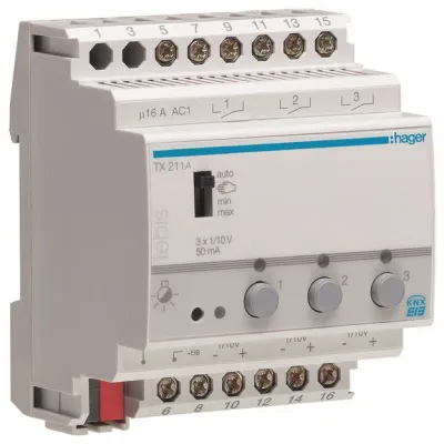 Hager Dimmaktor TX211A KNX 3-fach | 1-10V | 0-2300W | REG 4TE | Schalt- & Dimmausgänge | Handbedienung | LED-Anzeige