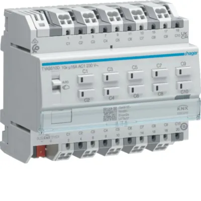 Hager Schalt-/Jalousieaktor TYAS610D KNX Secure | 10/5-fach | 16A | C-Last | REG 6TE | Schaltaktor | 2300W | IP20