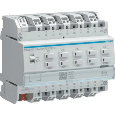 Hager Schalt-/Jalousieaktor TYAS610D KNX Secure | 10/5-fach | 16A | C-Last | REG 6TE | Schaltaktor | 2300W | IP20