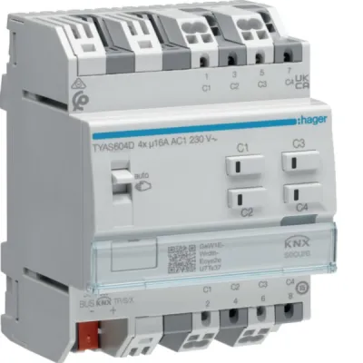 Hager Schalt-/Jalousieaktor TYAS604D KNX Secure | 4/2-fach | 16A | C-Last | REG | 4TE | 230V | LED-Anzeige | IP20