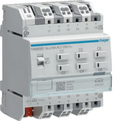 Hager Schalt-/Jalousieaktor TYAS606D | KNX Secure | 6/3-fach | 16A | C-Last | REG 4TE | 230V | LED-Anzeige | IP20
