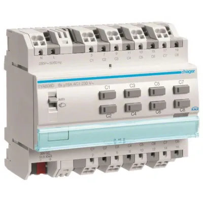 Hager Schalt-/Jalousieaktor TYA608D KNX 8-fach | 16A | C-Last | REG 6TE | Handbedienung ohne Bus | LED-Anzeige | IP20