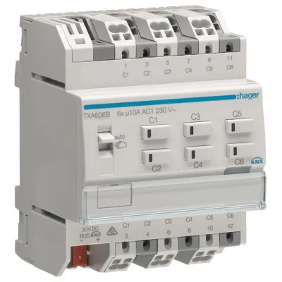 Hager Schalt-/Jalousieaktor TXA606B KNX easy 6/3-fach | 10A | REG | 6 Ausgänge | LED-Anzeige | IP20 | Phasenwahl