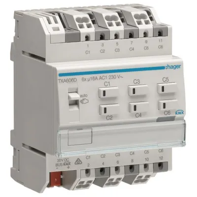Hager KNX Schalt-/Jalousieaktor TXA606D | 6/3-fach | 16A C-Last | REG | 230V | LED | IP20 | Handbedienung