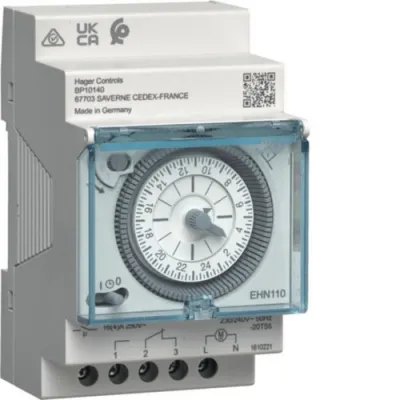 HAGER Schaltuhr elektromechanisch EHN110 | Tagesuhr 24h | 1 Kanal 16A | DIN-Schiene | 230V AC | IP20 | schwarz