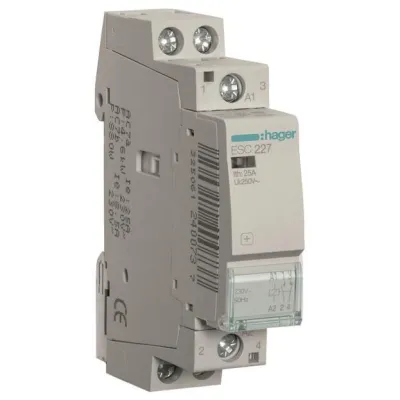 Hager Installationsschütz ESC227 | 25A | 1 Schließer 1 Öffner | 230V AC | kompakt | Kontaktanzeige | grau