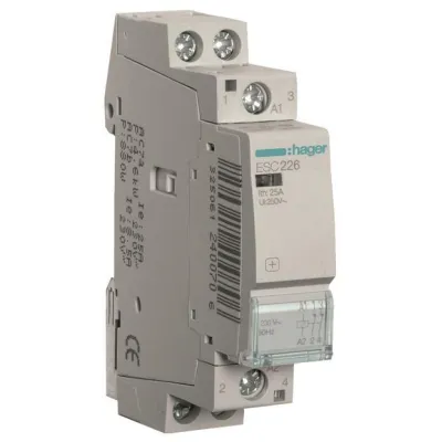 HAGER Installationsschütz ESC226 | 25A | 230V AC/UC | 2 Öffner | 1TE | Kompakt | Kontaktstellungsanzeige