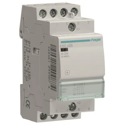 Hager Installationsschütz ESC425 | 25A | 4 Schließer | 230V AC | 2TE | kompakte Bauweise | Kontaktstellungsanzeige