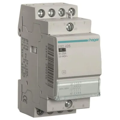 HAGER Installationsschütz ESD425 | 25A | 4 Schließer | 24V AC Spule | 400V AC Last | 2TE | brummarm | Nachrüstbar | IP2X