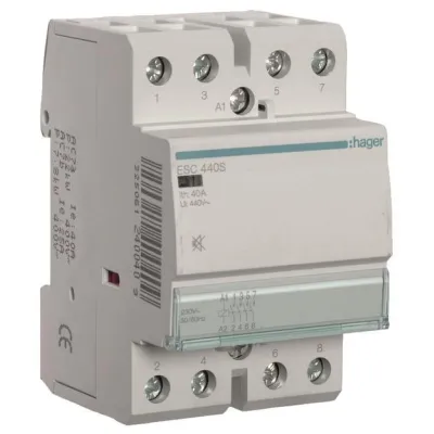 Hager Installationsschütz ESC440S | 40A | 4 Schließer | 230V AC | brummfrei | Hutschiene | DIN EN 61095 | IP2X