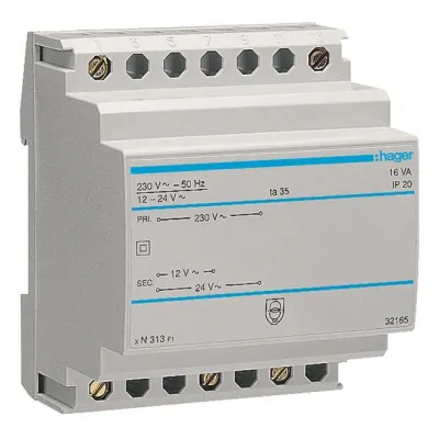 HAGER Sicherheitstrafo ST313 | 230V auf 12V/24V | 16VA | 1,33A/0,67A | für Aufputz & Reiheneinbau | kurzschlusssicher