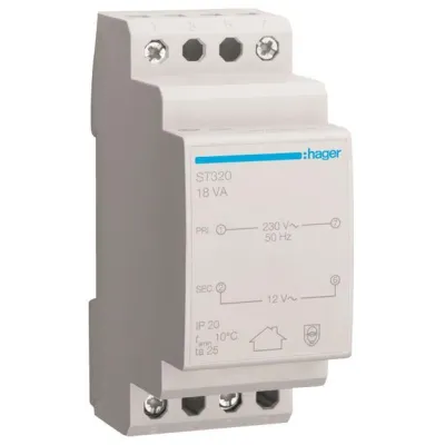 Hager Sicherheitstrafo ST320 | 230V auf 12V | 18VA | 2TE REG | kurzschlusssicher | thermischer Schutz | DIN-Schiene