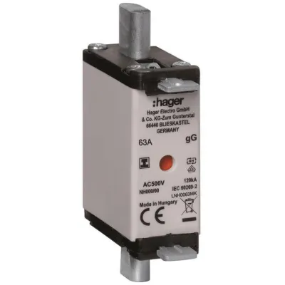 HAGER NH-Sicherungseinsatz LNH0063MK | NH000 gG 63A 500V | Kombimelder | isolierte Grifflasche | IMGL | S-frei
