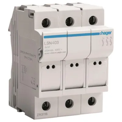HAGER Sicherungselement LSN403 | 3-polig | 25A | 400V | D0-Sockel | DIN-Schiene | abschließbar | IP2X | weiß