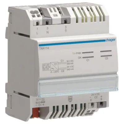 Hager Spannungsversorgung KNX TXA114 | 1 Ausgang 320mA Drossel + 1 Ausgang 24VDC 640mA | REG 4TE | LED-Anzeige