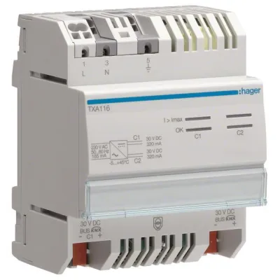 Hager Spannungsversorgung TXA116 KNX | 2 Ausgänge | 2x320mA | 2 Drosseln | REG | 4TE | LED-Anzeige | 230V
