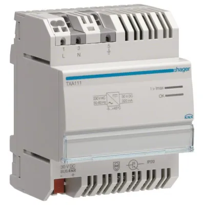Hager KNX Spannungsversorgung TXA111 | 320mA | 1 Ausgang | 1 Drossel | REG 4TE | Kurzschluss- & Überlastschutz