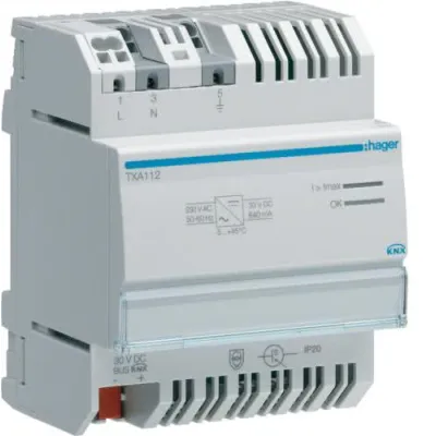 Hager Spannungsversorgung TXA112 | KNX Netzteil 640mA | 1 Ausgang | 1 Drossel | REG 4TE | QuickConnect