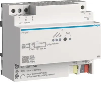HAGER Spannungsversorgung TYFS110 KNX | 2 Ausgänge | 1280 mA | 21V | REG 6TE | inkl. Drossel | LED-Anzeige | Multicolor