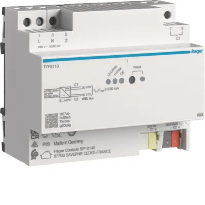 HAGER Spannungsversorgung TYFS110 KNX | 2 Ausgänge | 1280 mA | 21V | REG 6TE | inkl. Drossel | LED-Anzeige | Multicolor