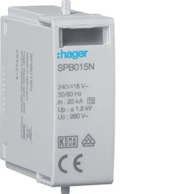 HAGER Überspannungsableiter SPB015N Steckmodul Typ 2 | N-PE | 240V AC | 40kA | Schutzpegel 1,5kV | 1TE | IP20