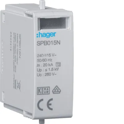 HAGER Überspannungsableiter SPB015N Steckmodul Typ 2 | N-PE | 240V AC | 40kA | Schutzpegel 1,5kV | 1TE | IP20