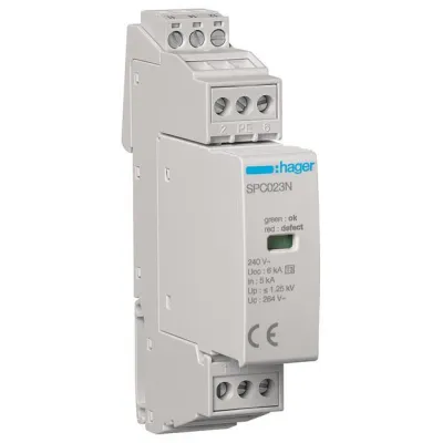 Hager Überspannungsableiter T3 SPC203N 1P+N | Typ 2/3 | 264V | 5kA | 1,25kV | AC/DC | Tragschiene | Statusanzeige