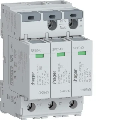 HAGER Überspannungsableiter SPE340 | Typ 2 | 3-polig | TN-C Netzform | 415V AC | 20kA In | 40kA Imax | Hutschiene 3TE