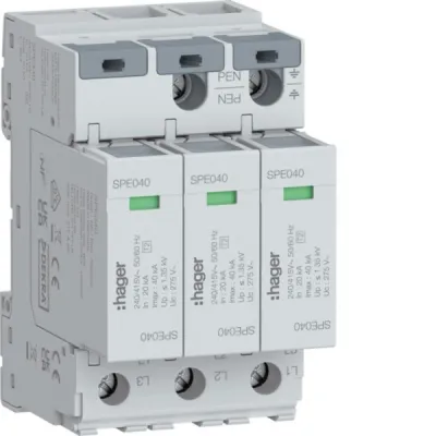 HAGER Überspannungsableiter SPE340 | Typ 2 | 3-polig | TN-C Netzform | 415V AC | 20kA In | 40kA Imax | Hutschiene 3TE