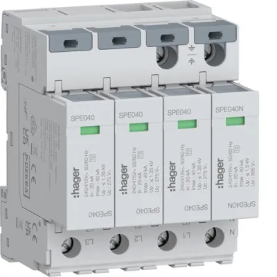 HAGER Überspannungsableiter SPE440 | 4-polig T2 Typ 2 | TN-S/TT | 275V | 20kA In | 40kA Imax | Hutschiene | IP2XC