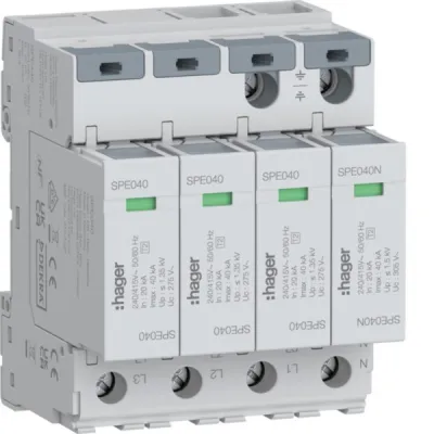 HAGER Überspannungsableiter SPE440 | 4-polig T2 Typ 2 | TN-S/TT | 275V | 20kA In | 40kA Imax | Hutschiene | IP2XC
