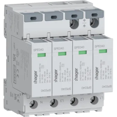 HAGER Überspannungsableiter SPE440S | Typ 2 T2 | 4-polig | TN-S | 275V Uc | 20kA In | Hutschiene | IP2XC | 4TE