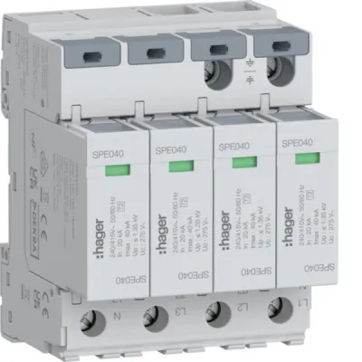 HAGER Überspannungsableiter SPE440S | Typ 2 T2 | 4-polig | TN-S | 275V Uc | 20kA In | Hutschiene | IP2XC | 4TE