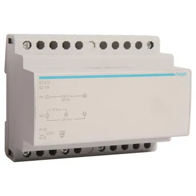 Hager Sicherheitstrafo ST315 | 230V | 12V/5,25A | 24V/2,63A | 63VA | Reiheneinbau | kurzschlusssicher | 6TE