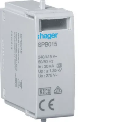 HAGER Überspannungsableiter Steckmodul SPB015 | Typ 2 T2 L-N | 275V AC | 40kA | Schutzpegel 1,35kV | 1TE