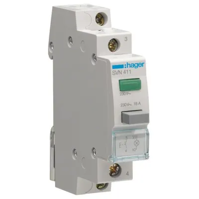 Hager Taster SVN411 | Drucktaster 16A 1 Schließer | LED-Leuchtmelder grün | 230V AC | IP20 | Einbautiefe 66mm