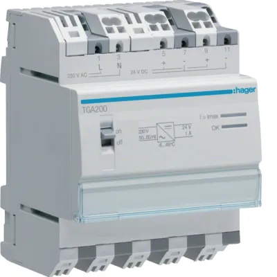 Hager Spannungsversorgung TGA200 | KNX Netzteil 24V DC 1A | REG 4TE | 230V AC | Steckanschluss | Hutschiene | IP20