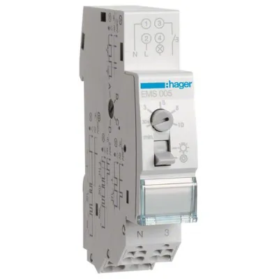 Hager Treppenlichtzeitschalter EMS005 | 230V AC | DIN-Schiene | 3/4-Leiter | 30s-10min | Weiß