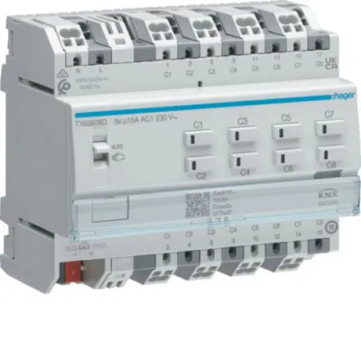 HAGER Schalt-/Jalousieaktor TYAS608D KNX Secure 8/4-fach | 16A | C-Last | REG 8TE | 2300W | Handbedienung