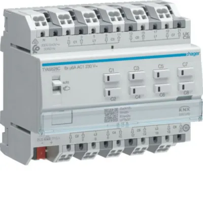 Hager Rollladen-/Jalousieaktor TYAS628C | 8-fach KNX Secure | 230V | Handbedienung | Schaltausgang | Szenenfunktion