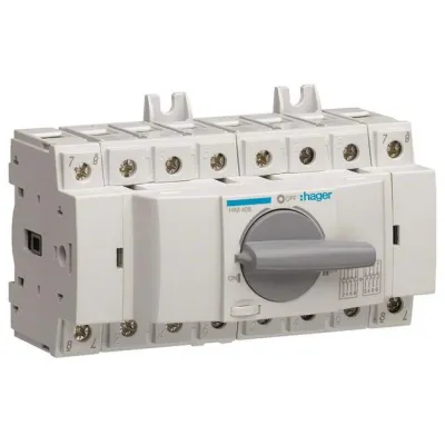 Hager Lastumschalter HIM408 | 4-polig 80A | Hutschiene/Montageplatte | IP20 | Hauptschalter | Verriegelbar | grau