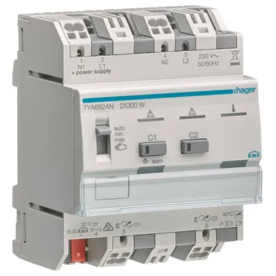 Hager Universal-Dimmaktor TYA662AN KNX Steuerbaustein | 2-fach | 2x300W | REG 4TE | LED/ESL kompatibel | IP20 | 230V