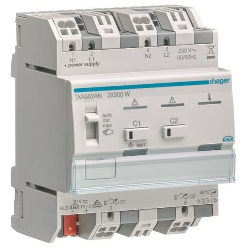 Bild: Hager Universal-Dimmaktor 2fach KNX TXA662AN 2x300W ESL/LED kombinierbar Hager U